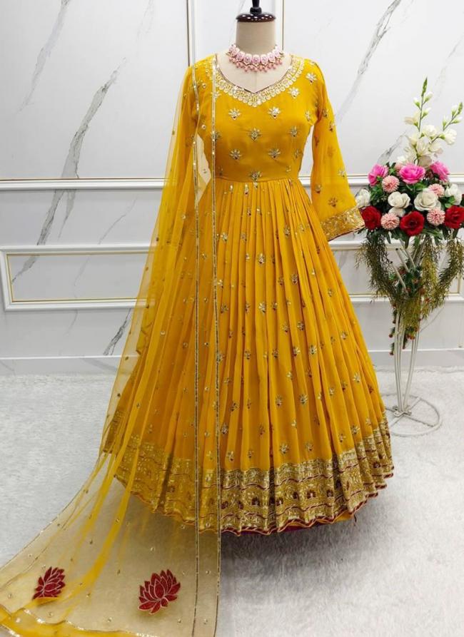 Georgette Yellow Traditional Wear Embroidery Work Readymade Anarkali Suit